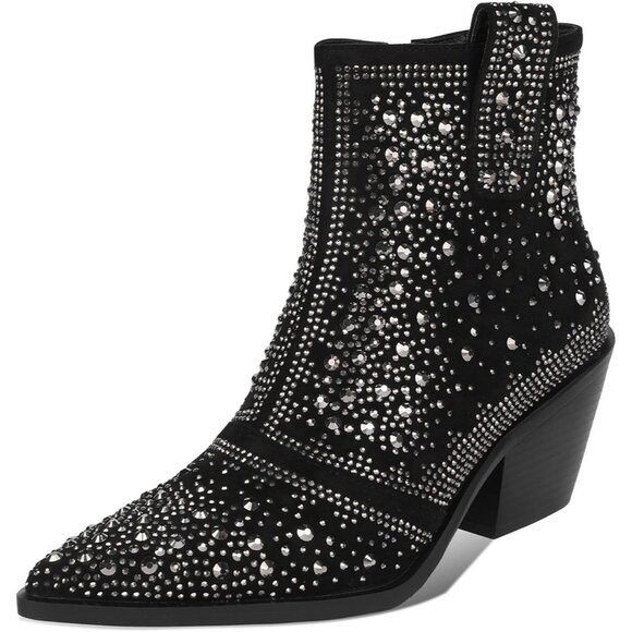 ISNOM Ankle Boots Women's Black Faux Suede Leather Sparkly Pointed Toe  Heel - Picture 1 of 6